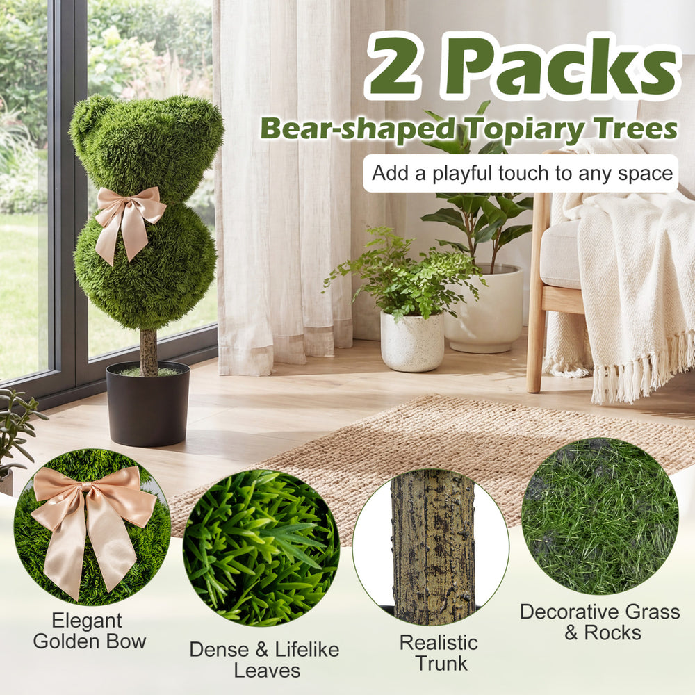 Bear-shaped topiary tree with golden bow, dense leaves, and realistic trunk in a cement-filled planter for playful.