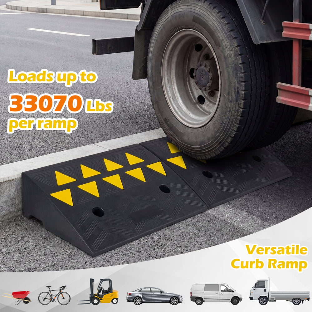 Driveway threshold ramp set for medium trucks, rubber construction, supports 33070 lbs, with textured surface for.