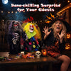 Creepy 10.5" clown and 11" reaper animatronic decorations with sound activation for Halloween tabletop scares.