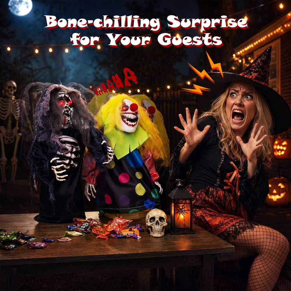 Creepy 10.5" clown and 11" reaper animatronic decorations with sound activation for Halloween tabletop scares.