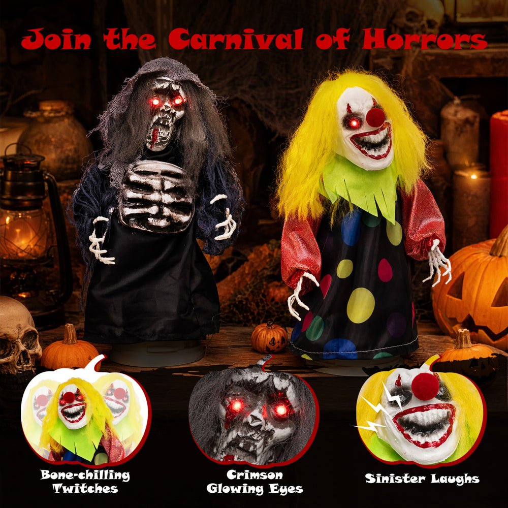 Creepy 10.5" clown and 11" reaper animatronics with glowing eyes, sound activation, and twitching action for Halloween decor.