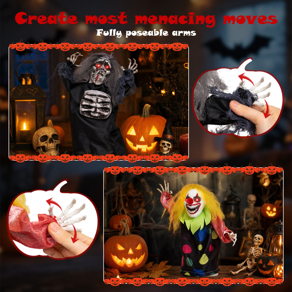 Creepy 10.5" clown and 11" reaper animatronics with poseable arms, perfect for Halloween tabletop decorations.
