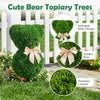 Adorable teddy bear topiary tree with golden bow, made of sun-resistant faux boxwood, perfect for spring displays.