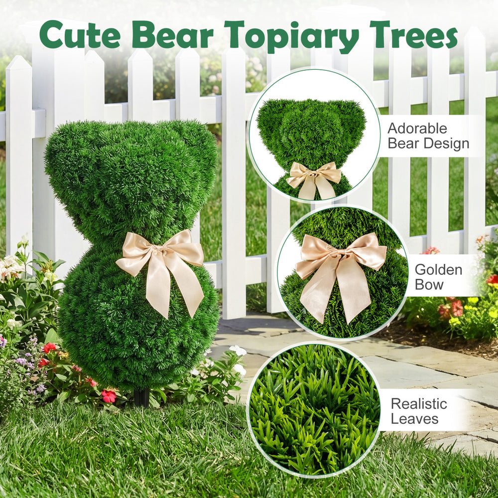 Adorable teddy bear topiary tree with golden bow, made of sun-resistant faux boxwood, perfect for spring displays.