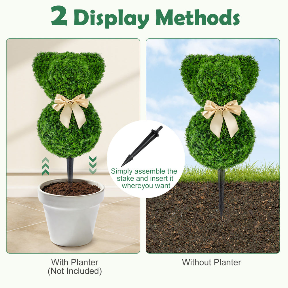 Teddy bear topiary tree with golden bow, showcasing two display methods: with planter and without for versatile decor.