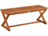 Outdoor bench with slatted seat and cross legs, made of hardwood with teak finish, suitable for patio or balcony use.