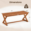 44" outdoor bench with slatted seat and cross legs, crafted from hardwood with teak finish, suitable for patio or garden.