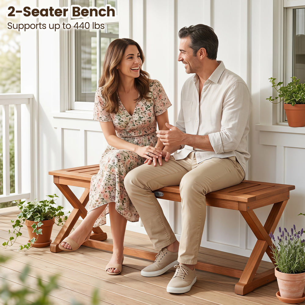 44" outdoor bench made of solid hardwood with teak finish, designed for two people, ideal for patio or balcony use.