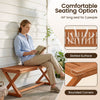 Outdoor 44" backless bench for 2 people, crafted from hardwood with a teak finish, featuring slatted surface and rounded corners.