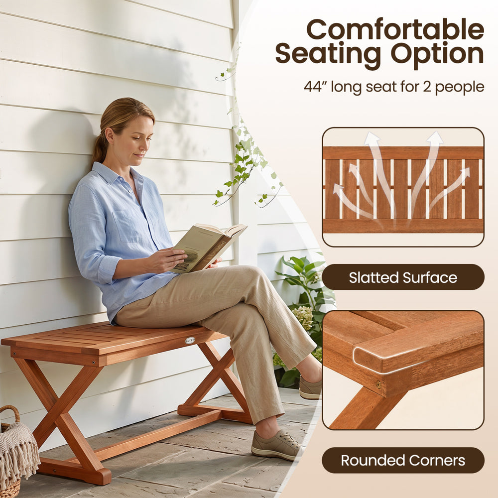 Outdoor 44" backless bench for 2 people, crafted from hardwood with a teak finish, featuring slatted surface and rounded corners.