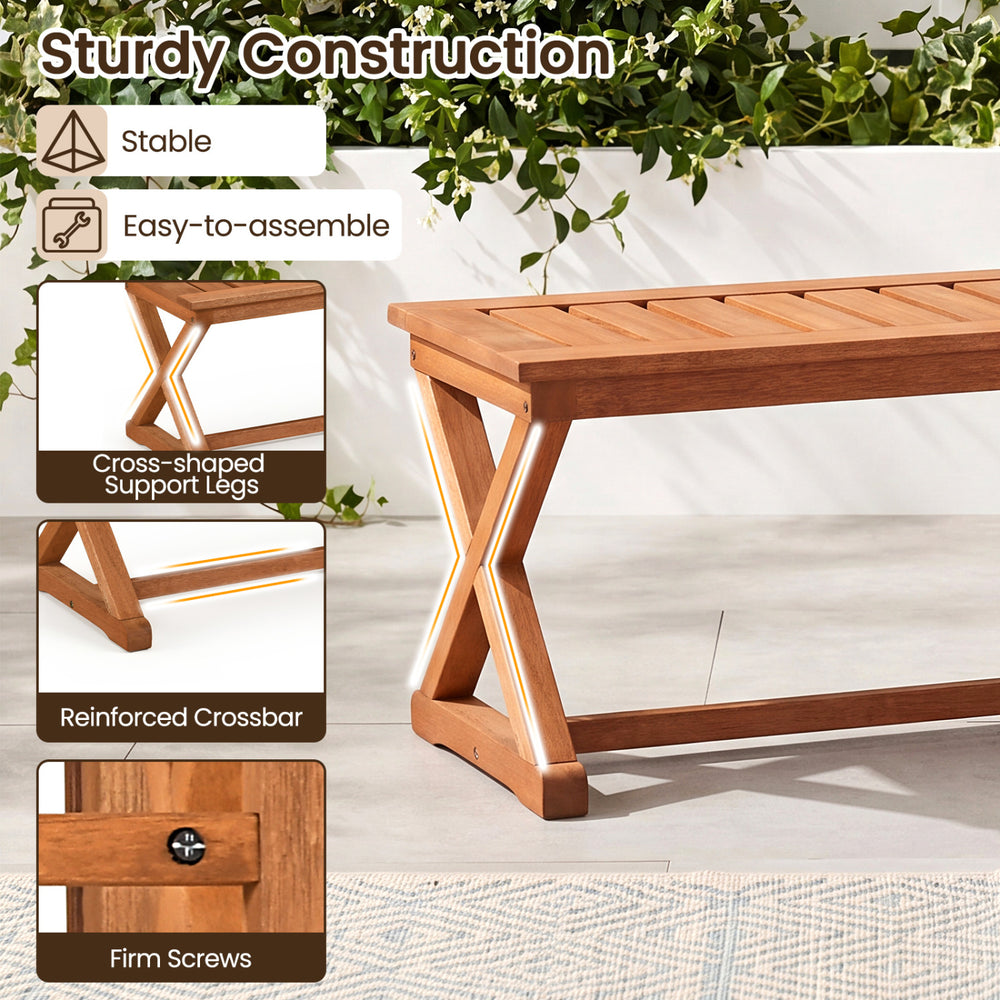 Outdoor bench with slatted seat and cross-shaped support legs, crafted from solid hardwood with teak finish for patio use.