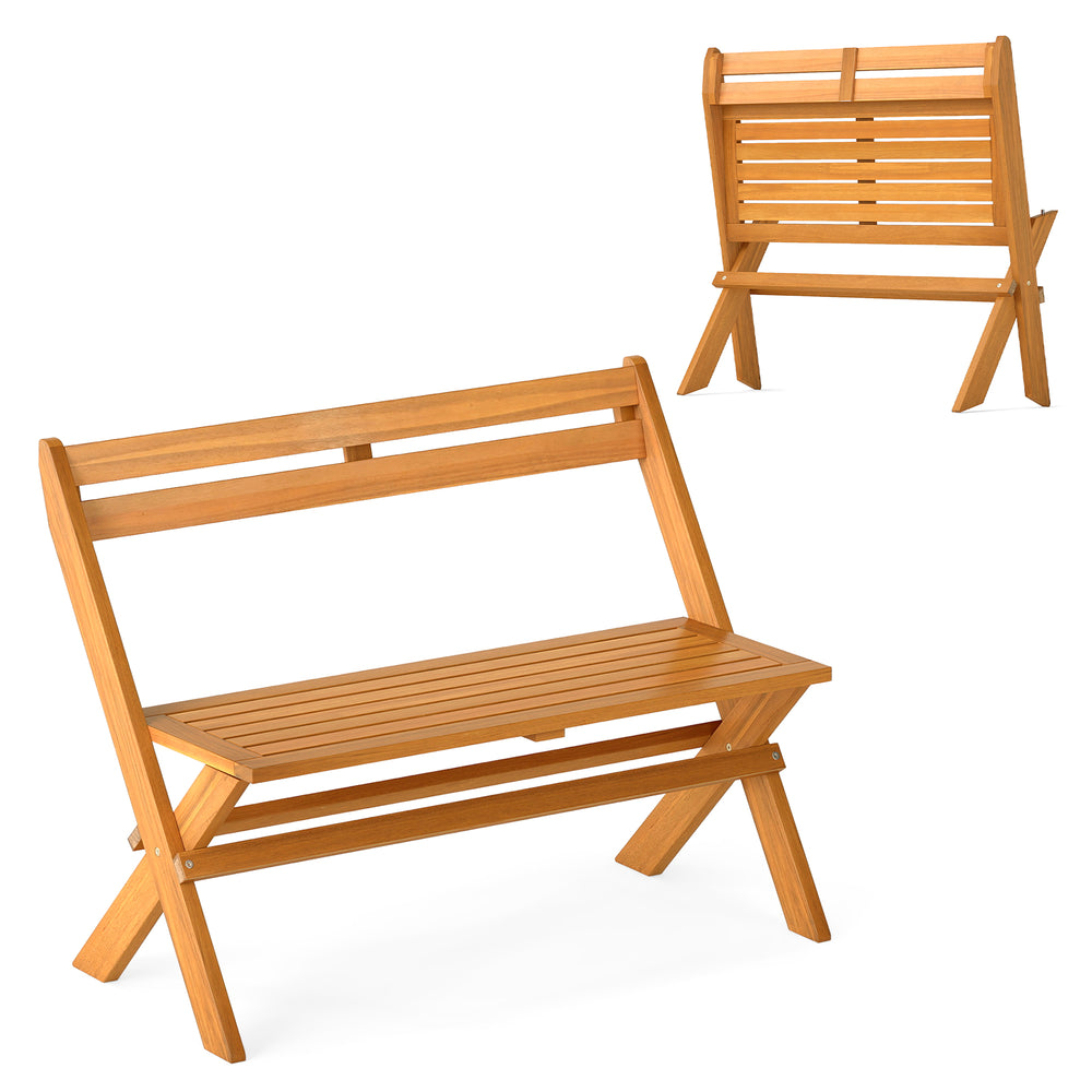 Folding 2-person acacia wood patio garden bench with ergonomic backrest, sturdy design, and 800 lbs capacity for.