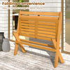 Folding acacia wood patio bench for 2 with 800 lbs capacity, ideal for compact storage and outdoor relaxation.