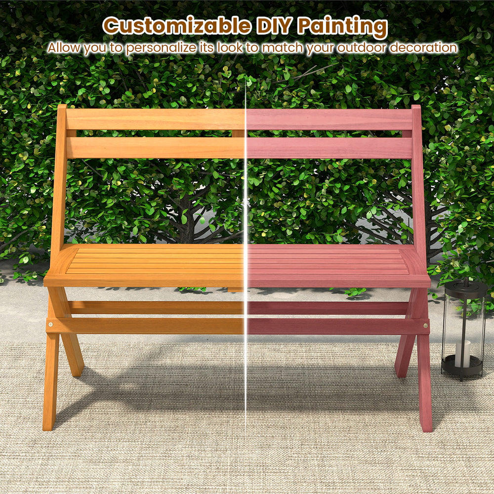 2-person acacia wood patio garden bench with customizable DIY painting, ideal for outdoor relaxation and compact.
