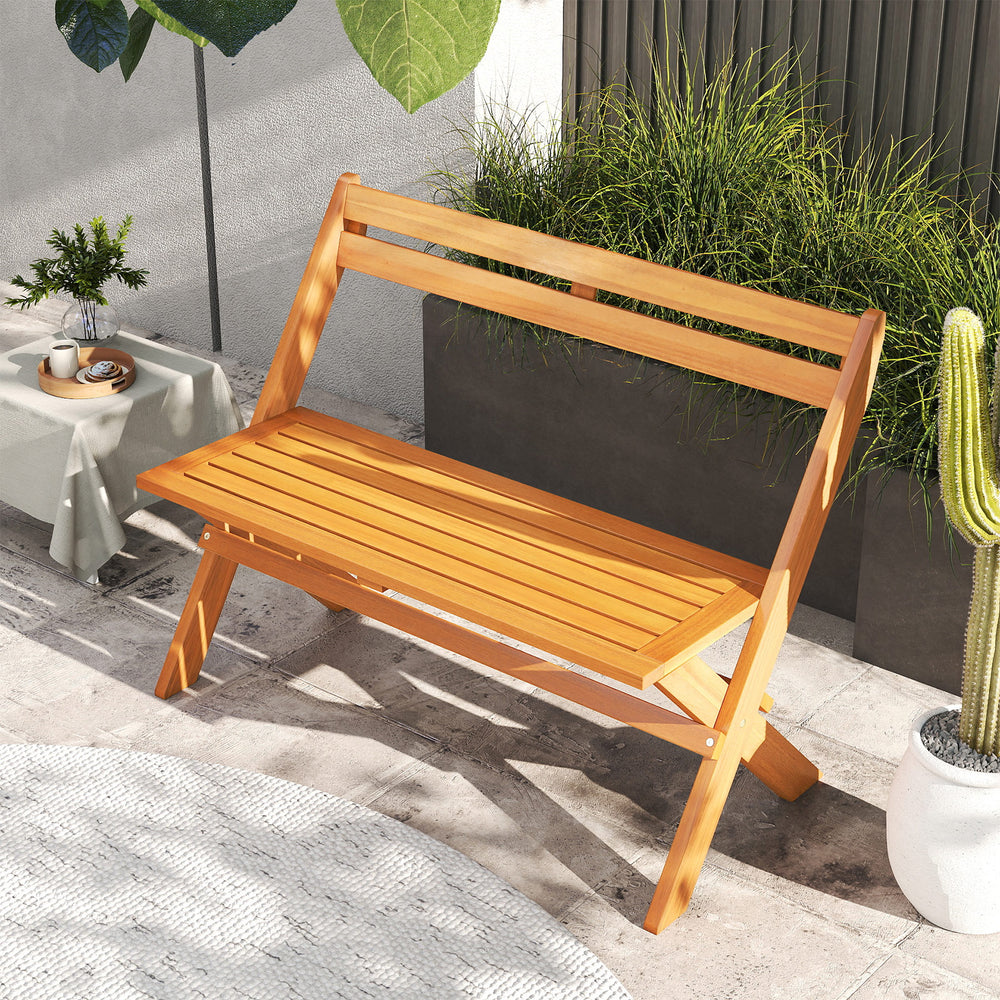 Acacia wood patio garden bench for 2 with 800 lbs capacity, featuring a slatted surface and ergonomic backrest, ideal.