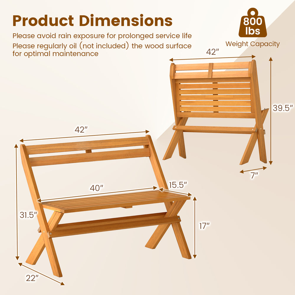 Acacia wood patio garden bench dimensions with 800 lbs capacity, featuring a slatted surface and ergonomic backrest.