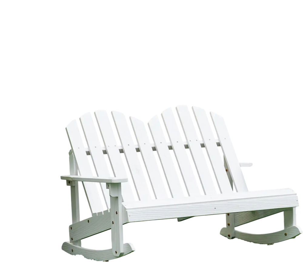 White 2-person Adirondack rocking chair with slatted seat, made from fir wood, ideal for outdoor use in backyard or.