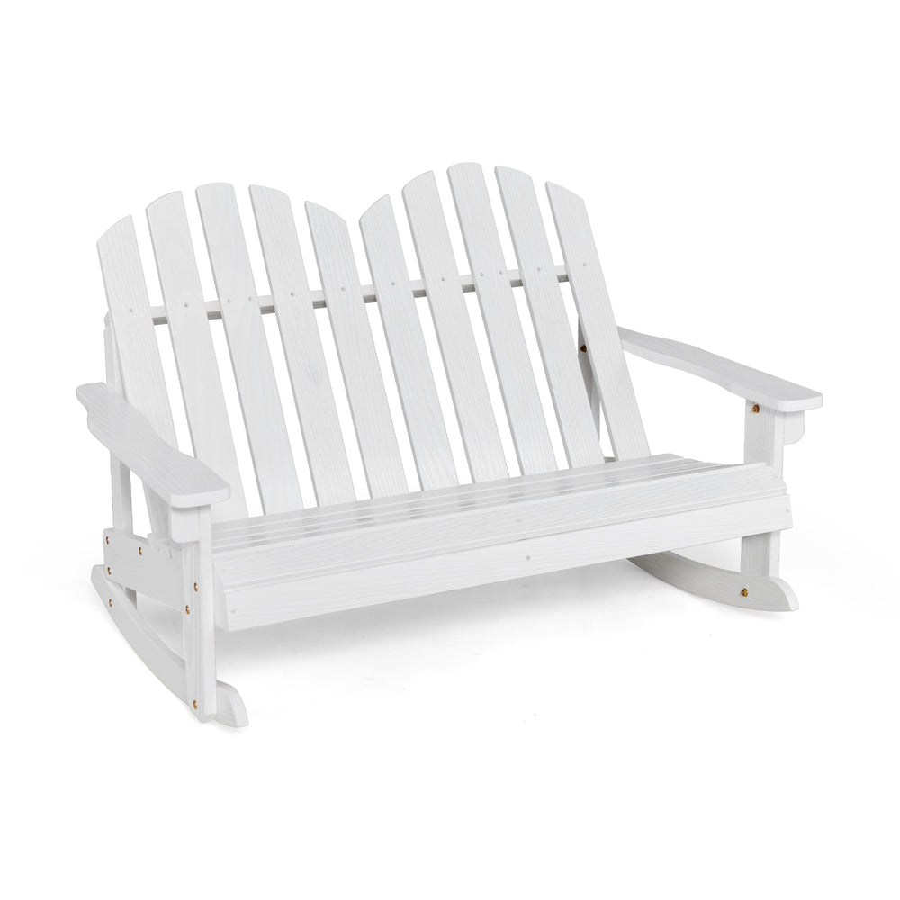 White 2-person Adirondack rocking chair with slatted seat, made from weather-resistant fir wood, ideal for outdoor use.