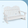Two-person white Adirondack rocking chair with slatted seat, made from fir wood, ideal for outdoor use.