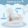Two-person Adirondack rocking chair in white with slatted seat, featuring 30° tilt motion for outdoor fun and safety.