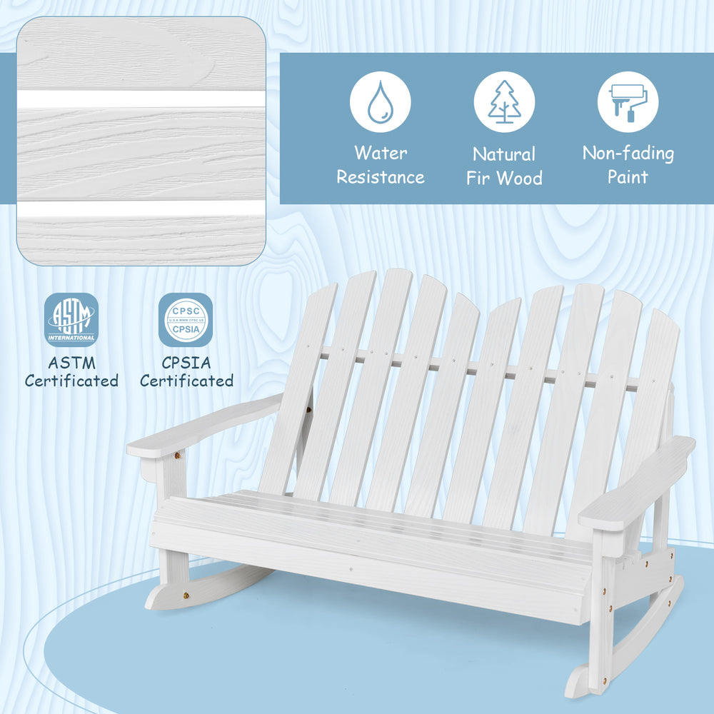 White 2-person Adirondack rocking chair made of natural fir wood, designed for outdoor use with a slatted, breathable.