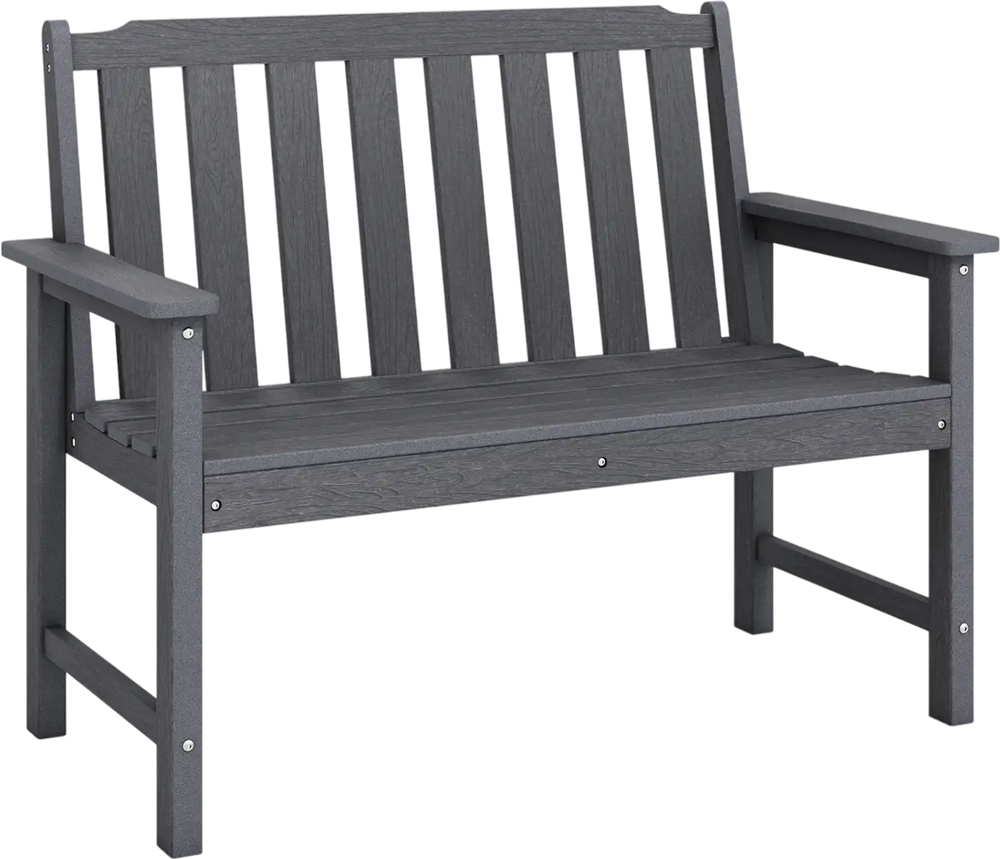 Gray 2-person outdoor garden bench made of weatherproof HDPE, featuring a backrest, armrests, and slatted design for ventilation.