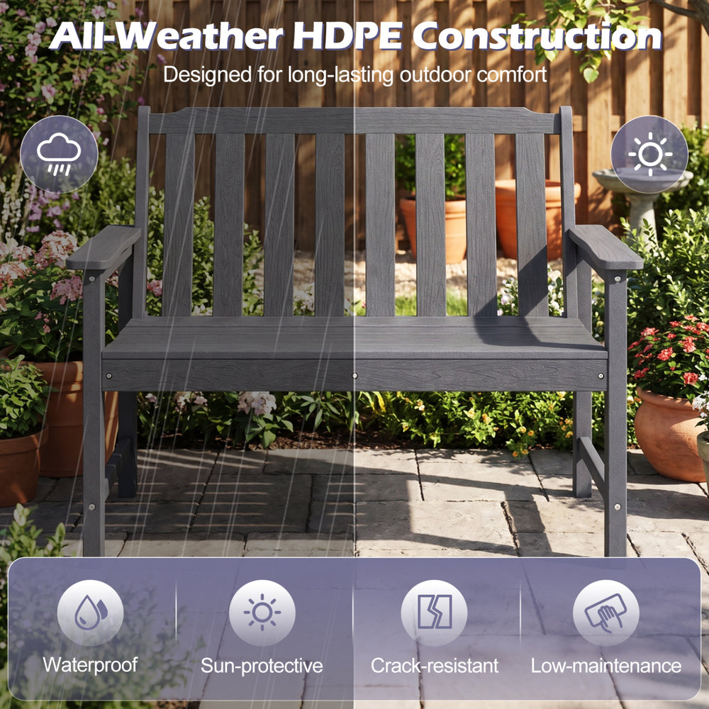 Gray 2-person outdoor garden bench with backrest and armrests, made of weatherproof HDPE for durability and comfort.