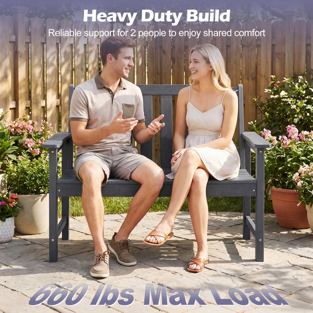 Gray 2-person outdoor garden bench with backrest and armrests, made of weatherproof HDPE, supports up to 660 lbs.