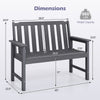 Gray 2-person outdoor garden bench made of weatherproof HDPE, featuring ergonomic backrest and wide armrests for comfort.