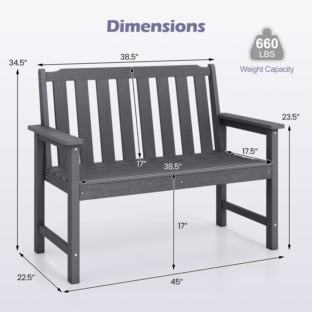 Gray 2-person outdoor garden bench made of weatherproof HDPE, featuring ergonomic backrest and wide armrests for comfort.