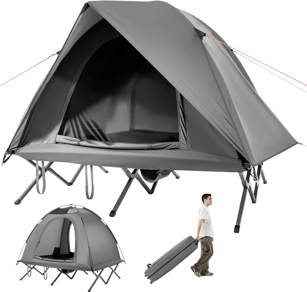Foldable 2-person camping cot tent in grey, elevated design with waterproof rainfly, ideal for outdoor adventures.