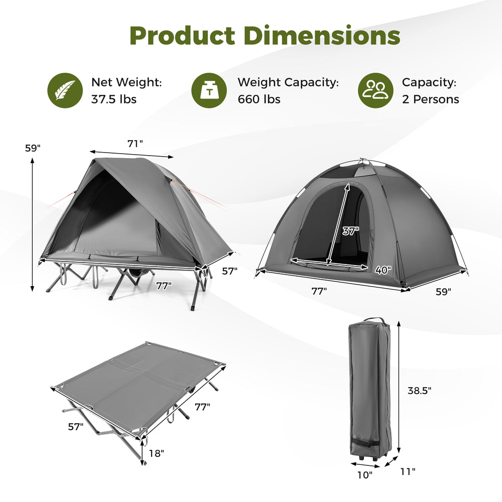 2-person camping cot tent combo in grey, featuring waterproof rainfly and dual mesh doors for airflow, ideal for.