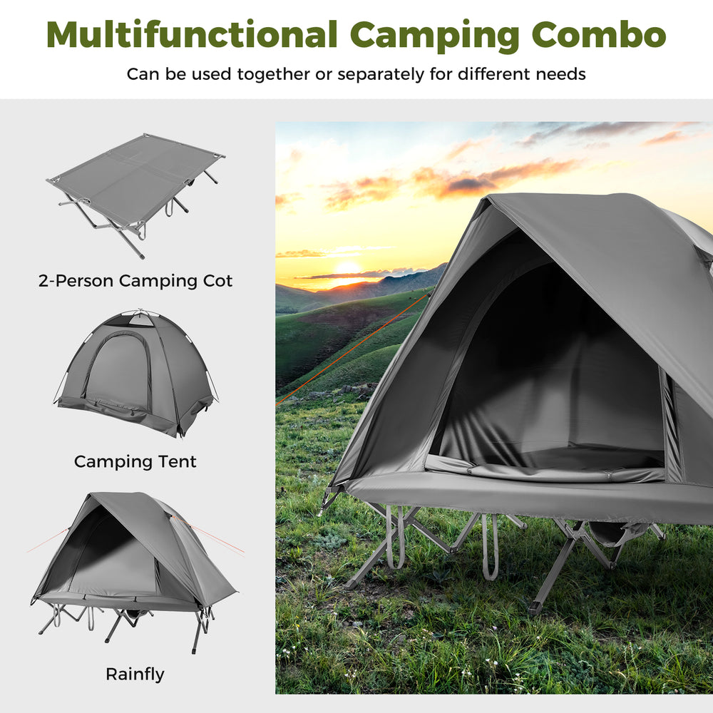 2-person camping cot tent combo in grey, featuring waterproof rainfly and elevated design for outdoor comfort.