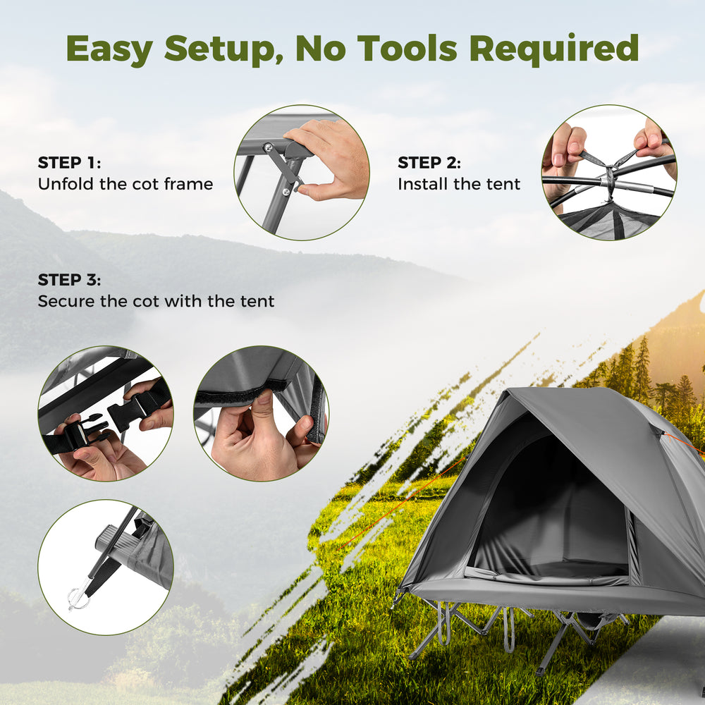 Easy setup steps for the 2-person camping cot tent combo, featuring a grey waterproof design for outdoor adventures.