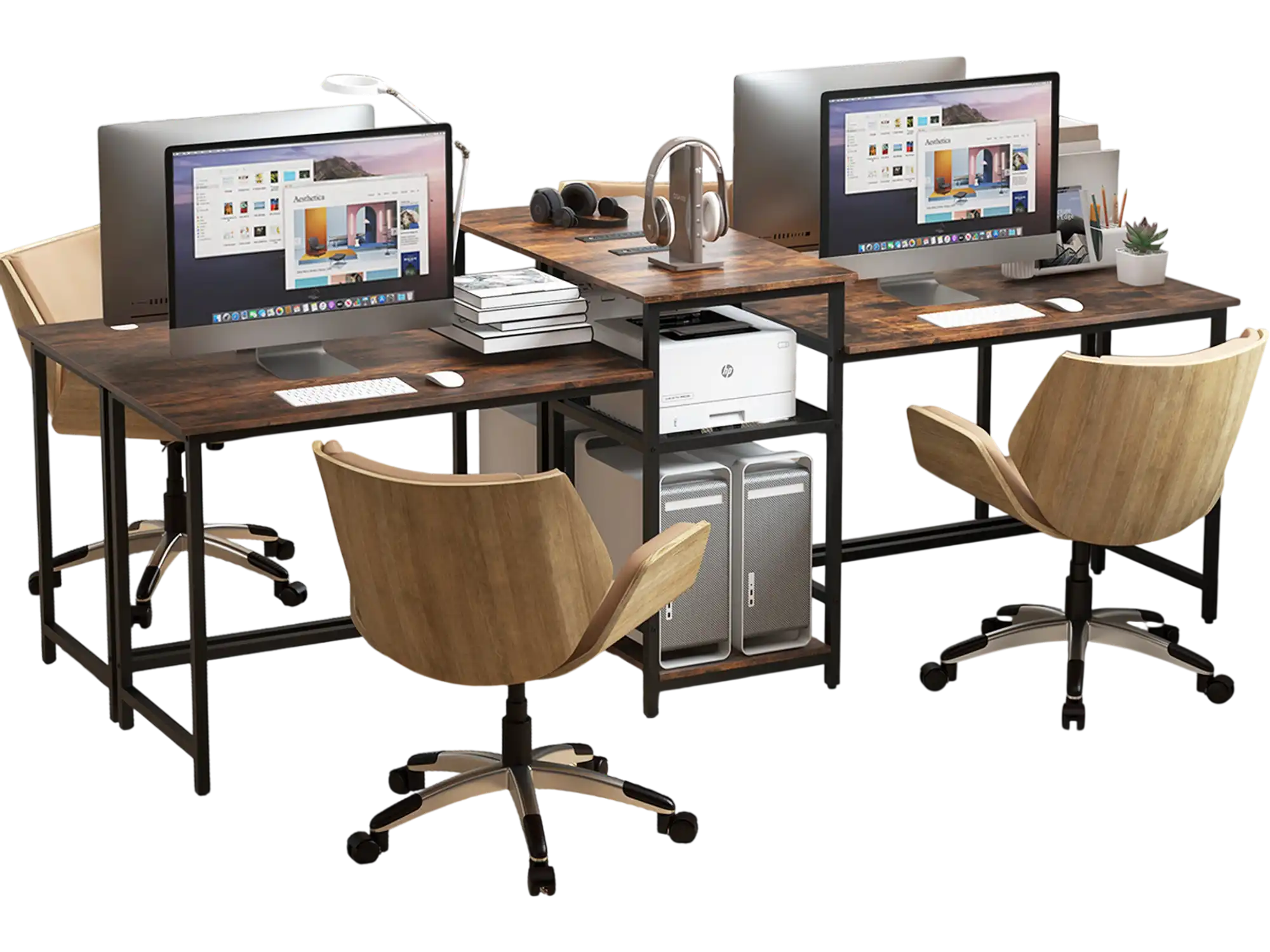 Costway 2-Person Computer Desk with Power Outlet Printer Stand Rustic Brown 37952681 New