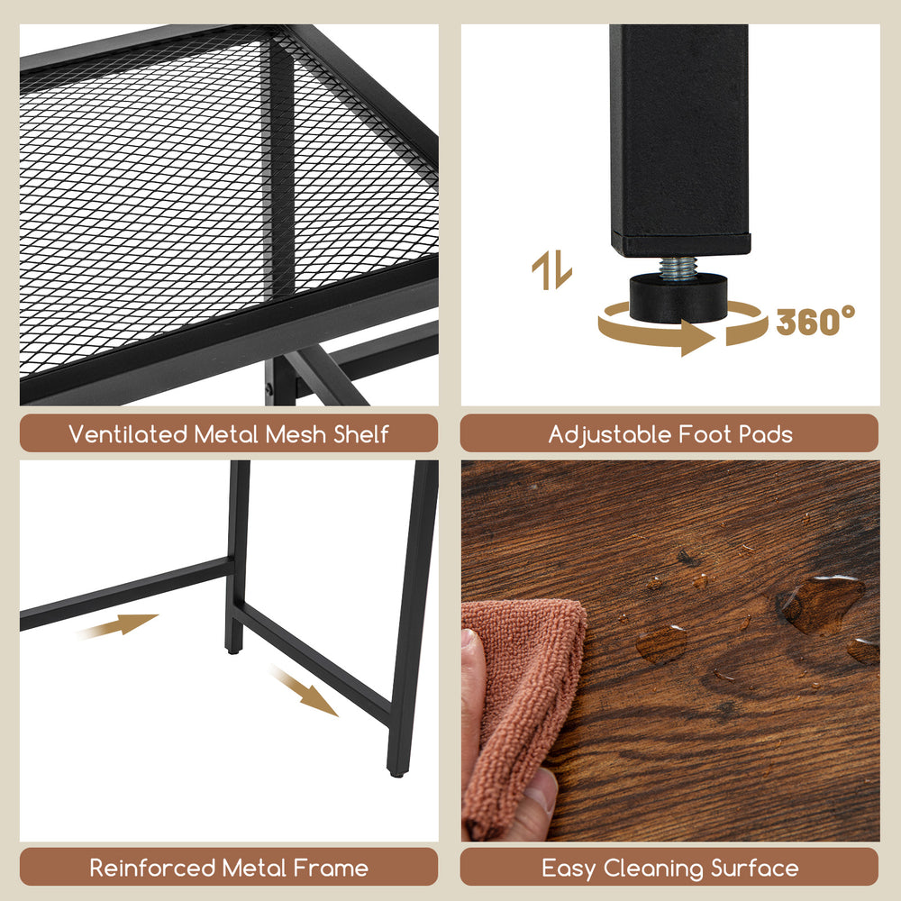 Close-up of the ventilated metal mesh shelf and adjustable foot pads of the 2-person computer desk in rustic brown.