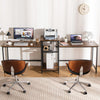 Two-person computer desk in rustic brown with power outlet, printer stand, and multifunctional open shelves for.