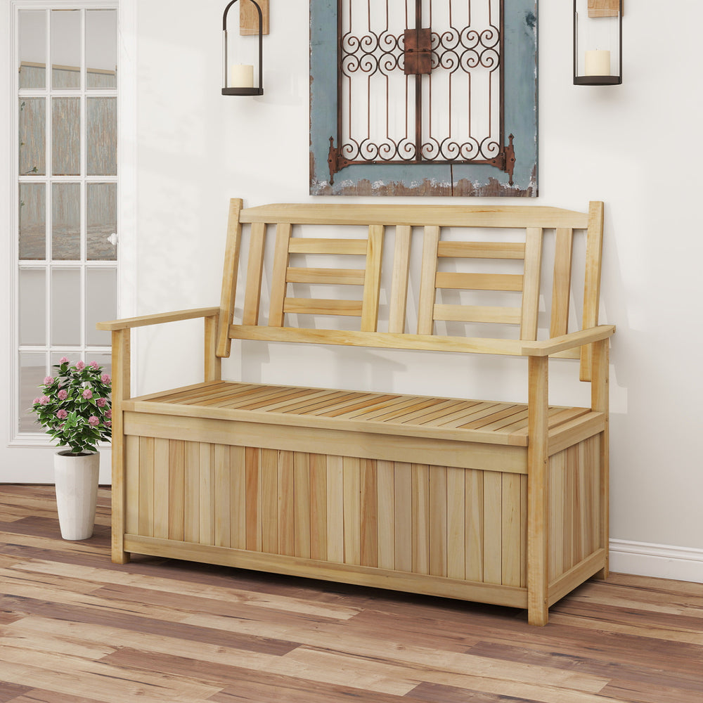 Natural 2-person garden bench with backrest and 49-gallon storage, featuring a clean, modern design for indoor or.