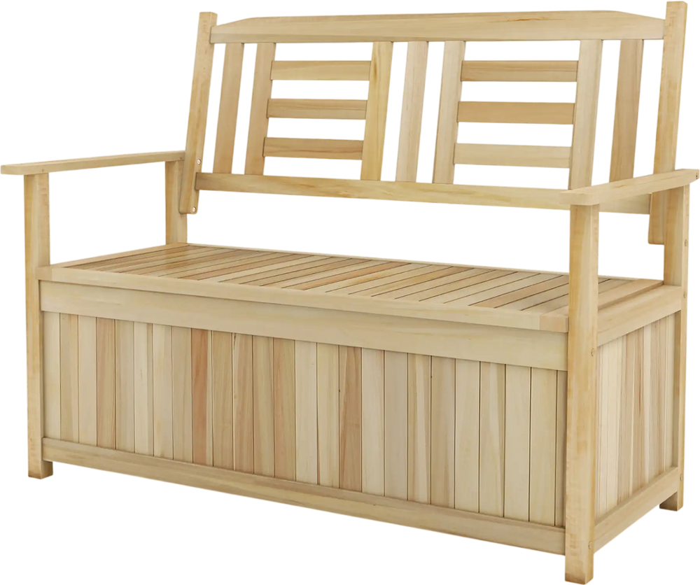 Natural 2-person garden bench showcasing a spacious storage compartment, ideal for patio or garden use.