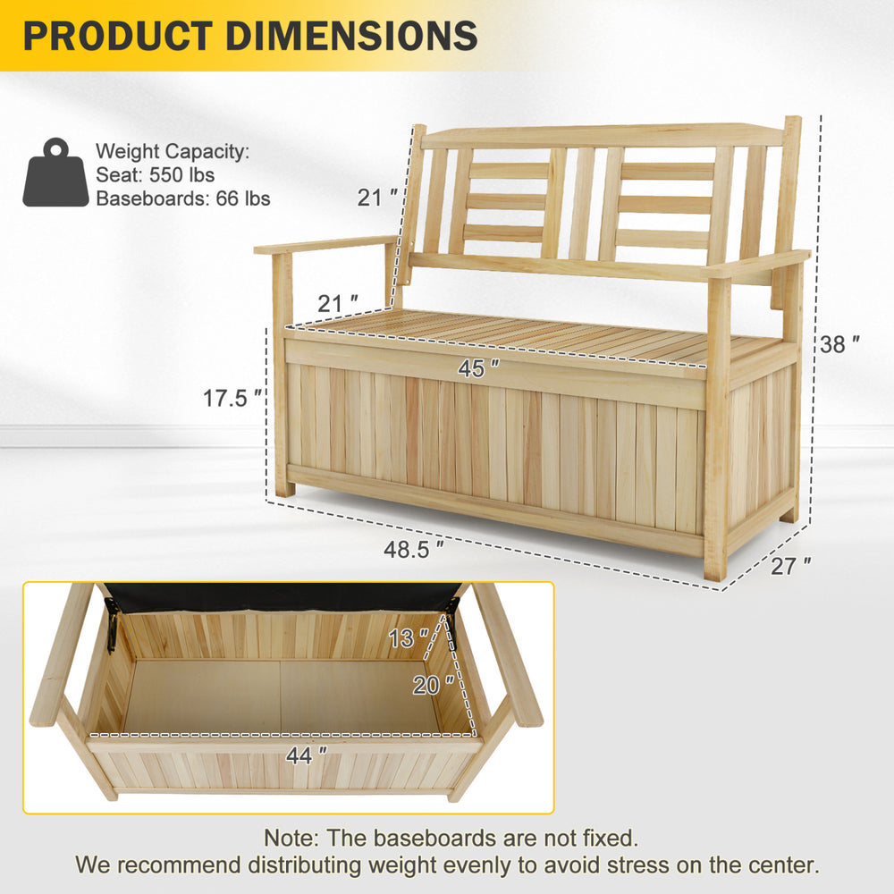 Natural 2-person garden bench with backrest and 49-gallon storage, shown in a side view for outdoor use.