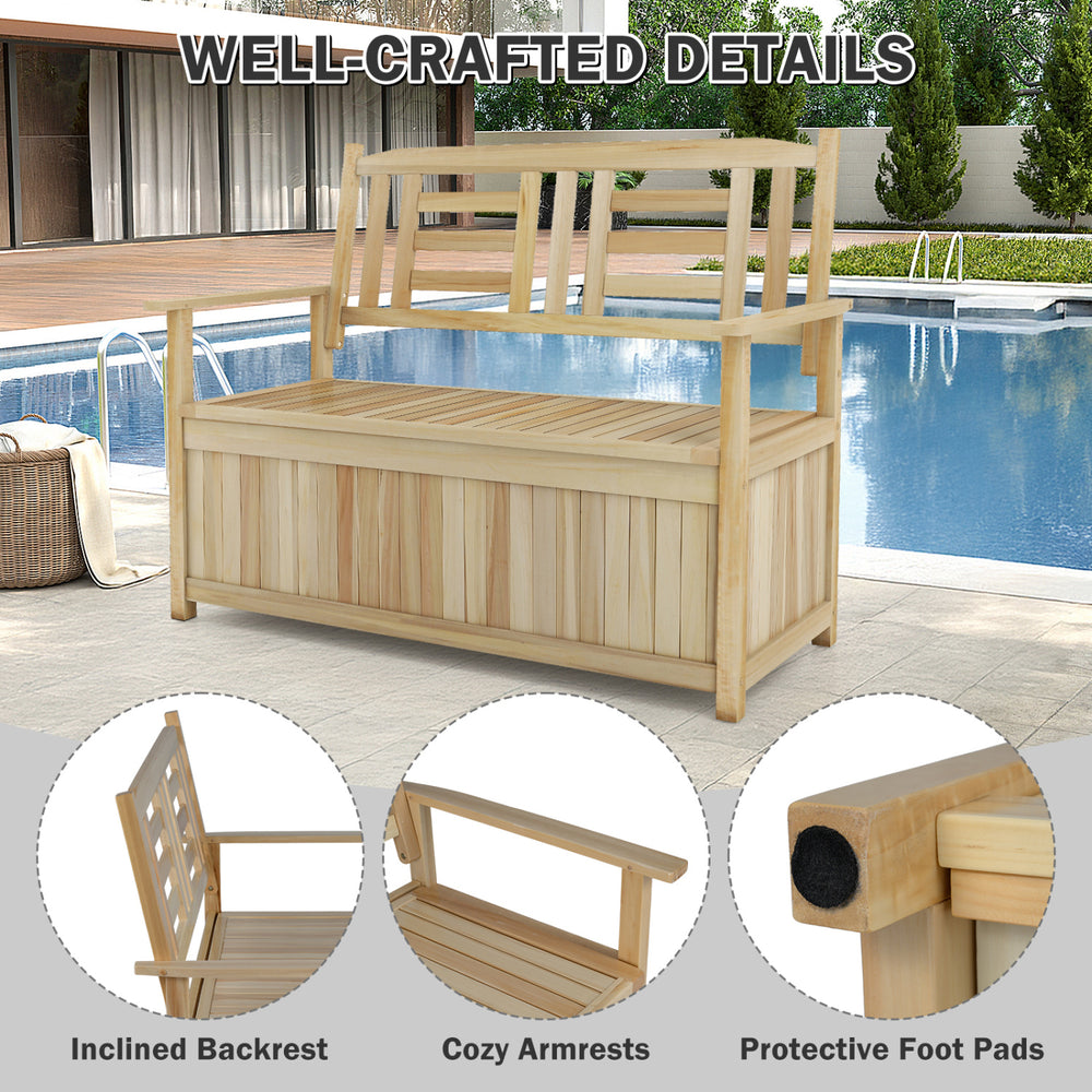 2-person garden bench with inclined backrest and storage compartment, perfect for outdoor relaxation by the pool.