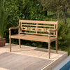 Teak wood patio bench with wide backrest and curved armrests, perfect for outdoor relaxation and seating up to 2 people.