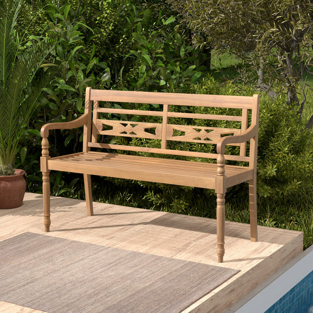 Teak wood patio bench with wide backrest and curved armrests, perfect for outdoor relaxation and seating up to 2 people.