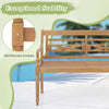Teak wood patio bench with wide backrest, curved armrests, and reinforced screws for exceptional stability outdoors.