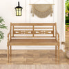 Teak wood patio bench with wide backrest and curved armrests, ideal for outdoor relaxation and seating up to 2 people.