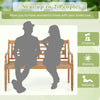 2-person teak wood patio bench with wide backrest and curved armrests, perfect for relaxing in outdoor spaces.