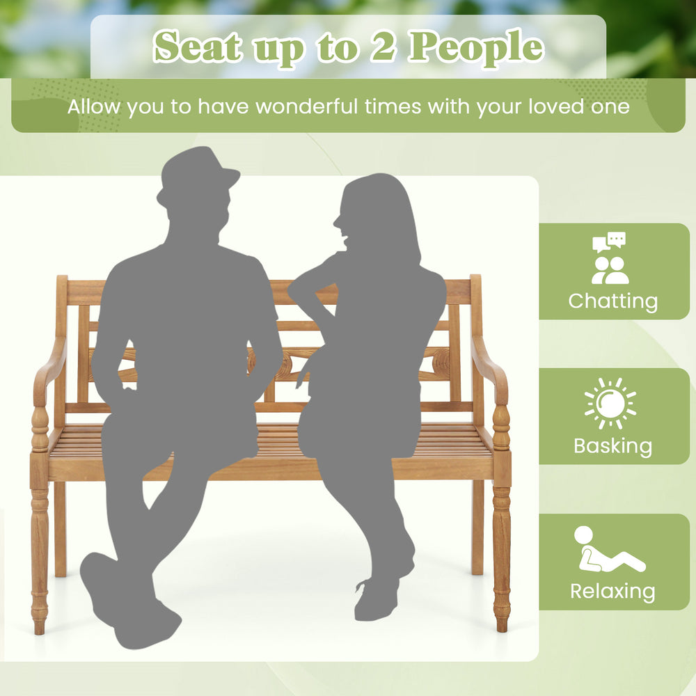 2-person teak wood patio bench with wide backrest and curved armrests, perfect for relaxing in outdoor spaces.