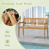 Teak wood patio bench for 2 with wide backrest and curved armrests, perfect for outdoor relaxation and stability.