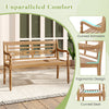 Teak wood patio bench with curved armrests and ergonomic design, ideal for outdoor relaxation and seating up to 2.