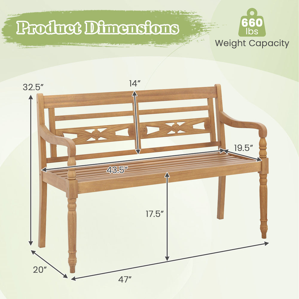 Teak wood patio bench dimensions showcasing a 2-person capacity, ergonomic design, and 660 lbs weight support.